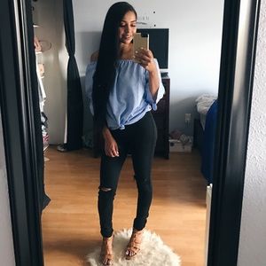 Blue and white stripped off the shoulder top